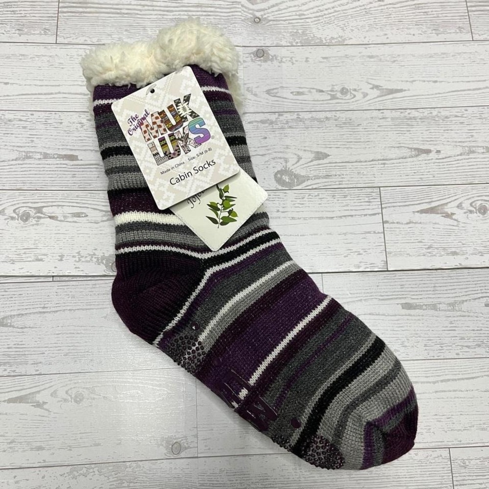 Muk Luks Women Cabin Socks Purple Stripe‎ Faux Fur Lined Jojoba S/M Hygge Cozy